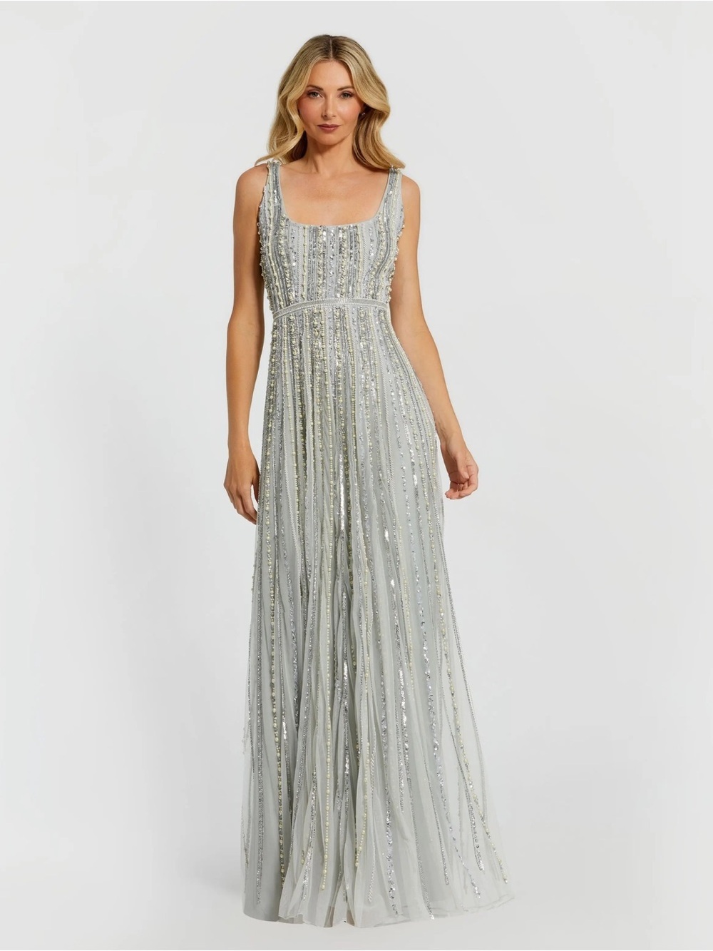 Mac Duggal 94080 Green Scoop Neck A-Line Gown With Striped Beading Size 8 NWT
